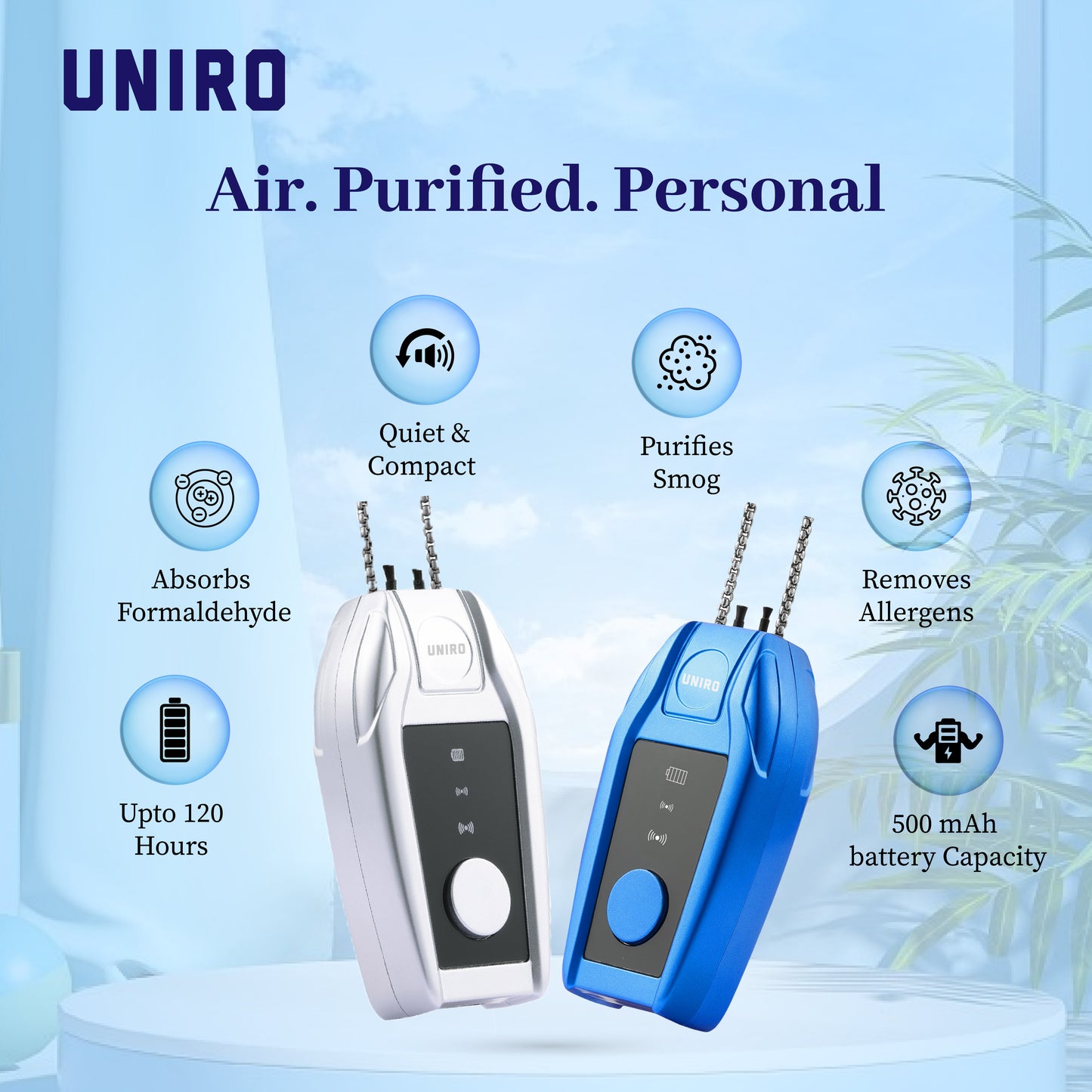 Uniro Wearable Personal Air Purifier, Compact, No Filter Required, High Anion Concentration