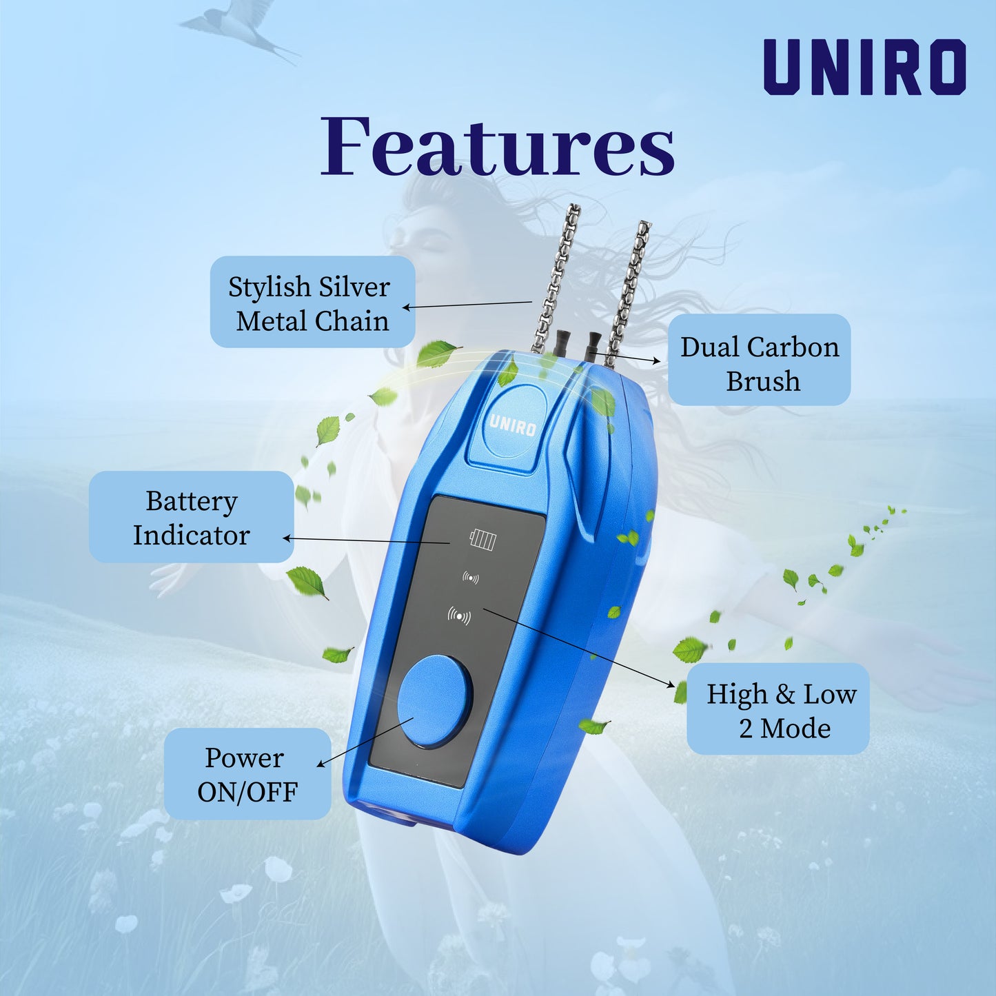 Uniro Wearable Personal Air Purifier, Compact, No Filter Required, High Anion Concentration