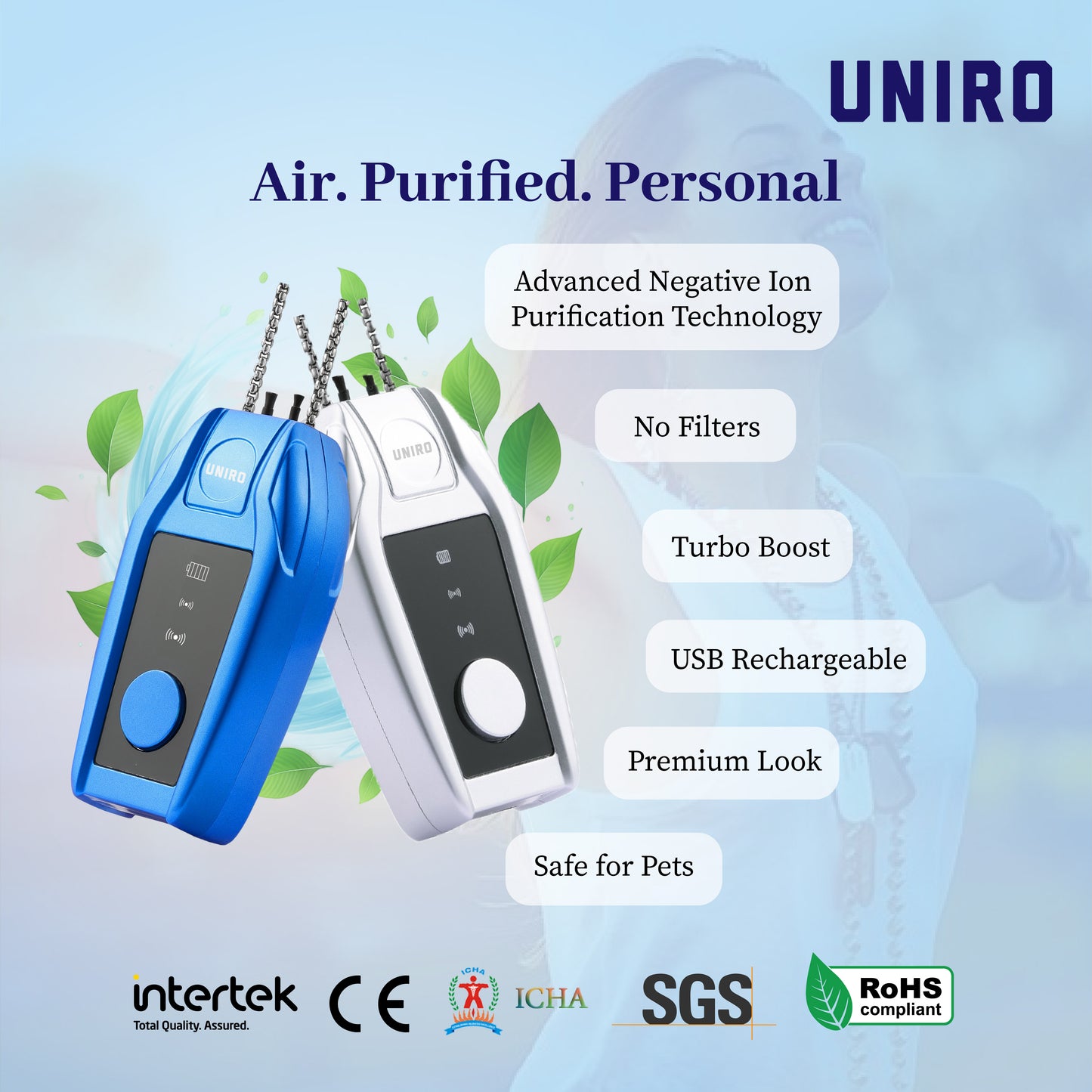 Uniro Wearable Personal Air Purifier, Compact, No Filter Required, High Anion Concentration
