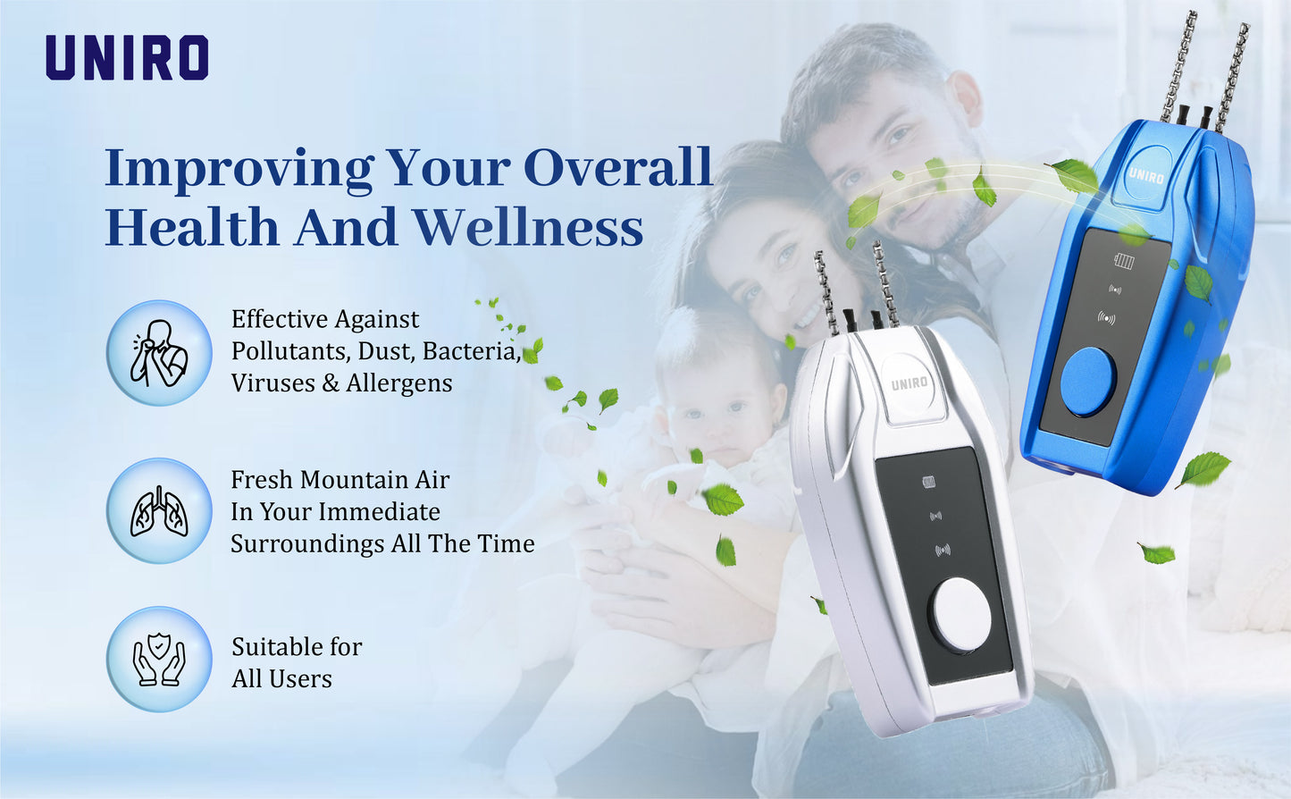 Uniro Wearable Personal Air Purifier, Compact, No Filter Required, High Anion Concentration